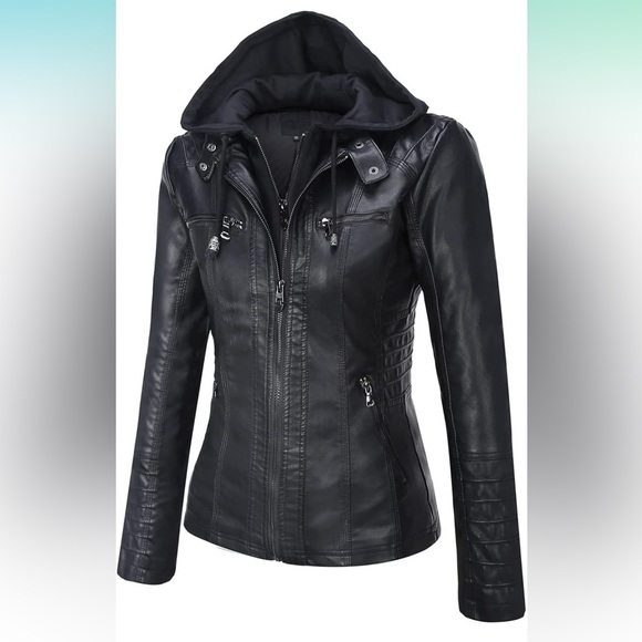 Women's Faux Leather Jacket Moto‎ Biker Coat Detachable Hood Motorcycle Jacket L - Picture 1 of 6